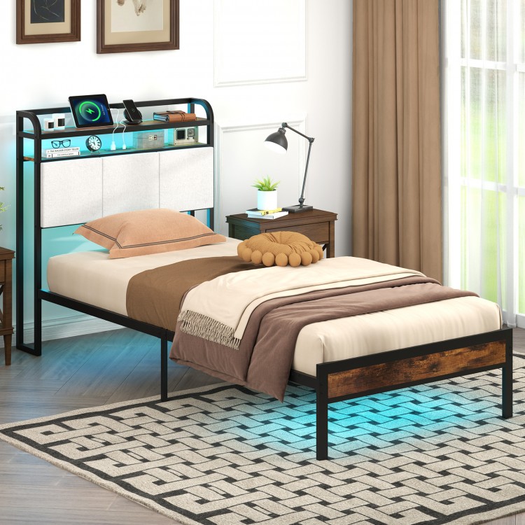 Twin size bed frame with LED light, charging station, and storage headboard for stylish and functional bedroom use.
