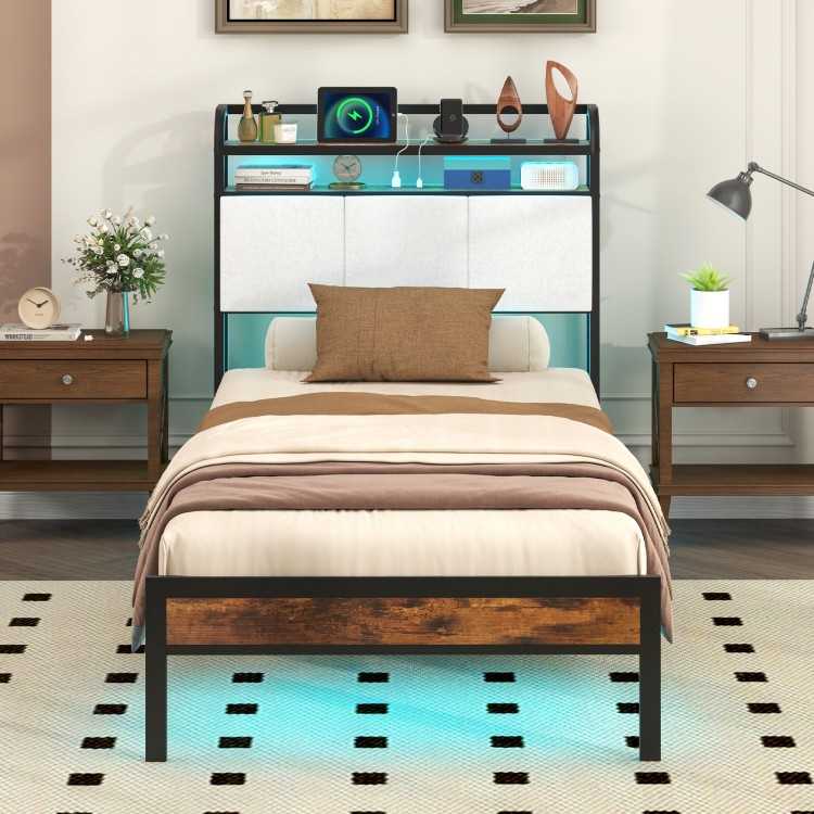 Twin size bed frame with LED light, charging station, and storage headboard for stylish bedroom organization.