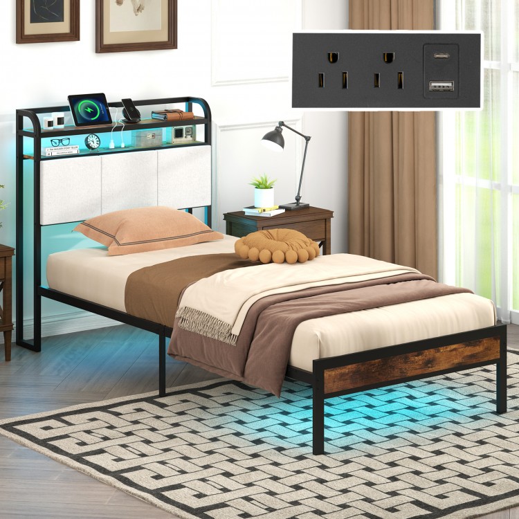 Twin size bed frame with LED light, charging station, and 2-tier storage headboard for stylish bedroom organization.