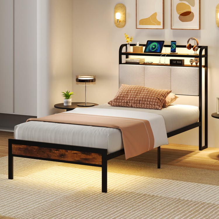 Twin size bed frame featuring adjustable LED light, remote control, and comfortable back support for a cozy bedroom.