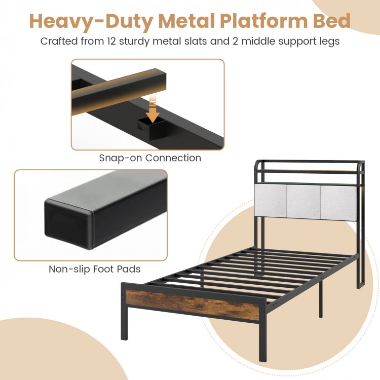 Twin size bed frame with LED light, sturdy metal slats, and non-slip foot pads for reliable support and easy charging.