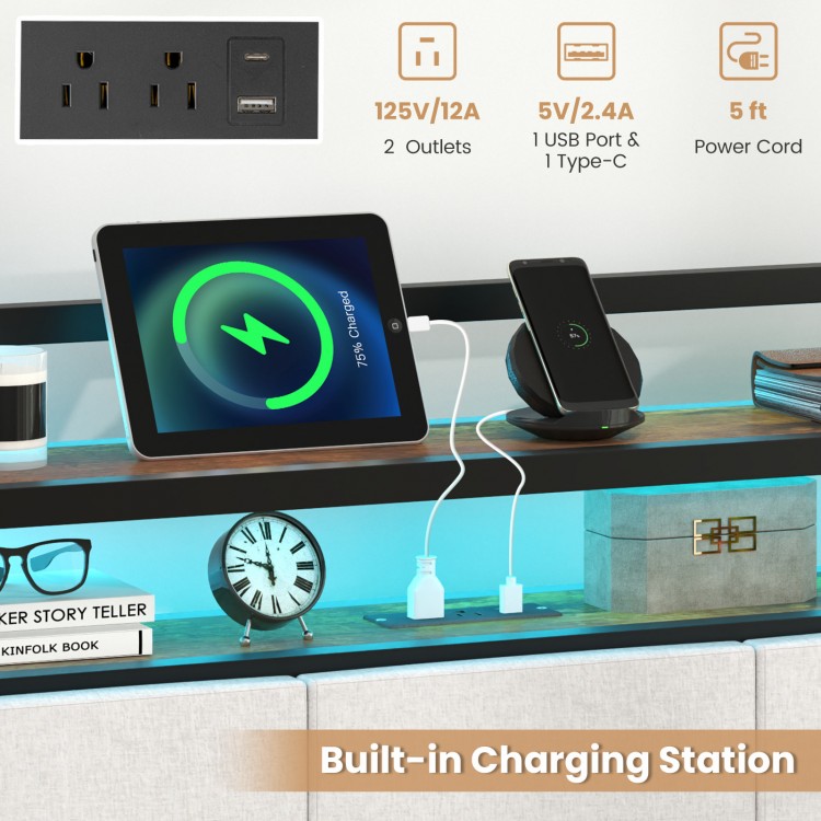 Twin size bed frame with LED light, built-in charging station, and 2-tier storage headboard for convenient use.