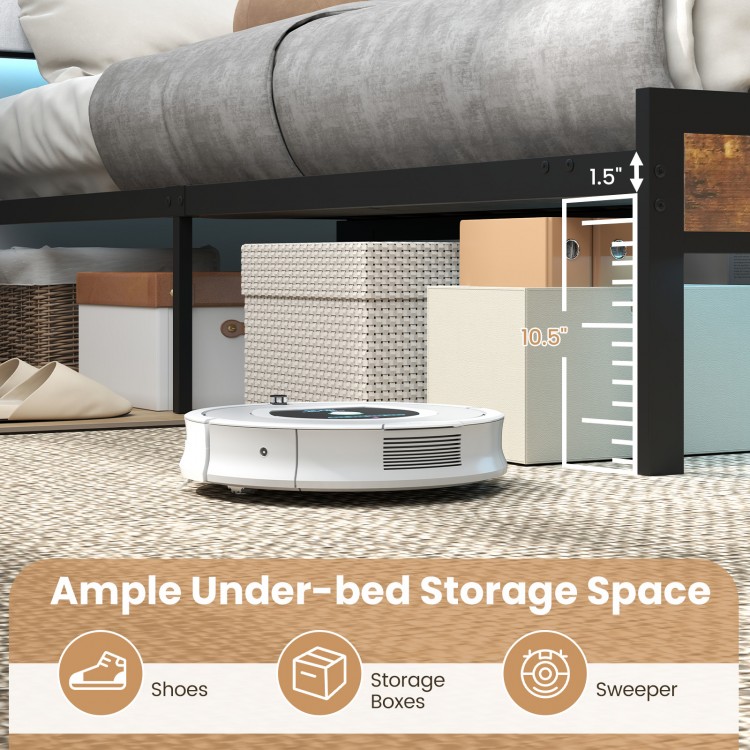 Under-bed storage space in a twin size bed frame, ideal for shoes and storage boxes, featuring a sleek design.