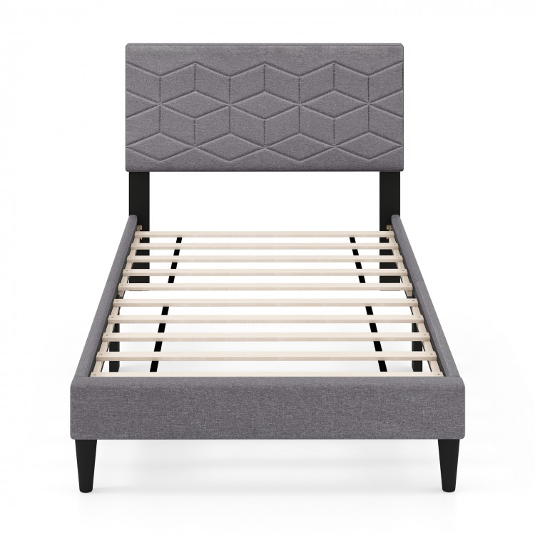 Twin size modern platform bed frame with upholstered linen fabric headboard and geometric quilting for stylish comfort.