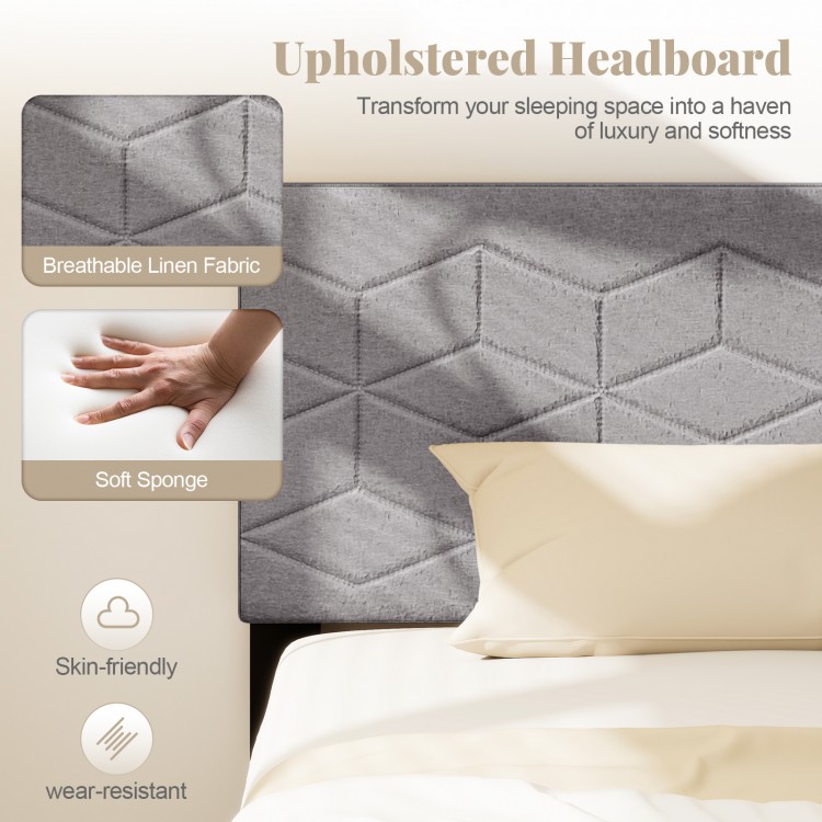Upholstered headboard in breathable linen fabric with geometric quilting for a modern twin/full/queen bed frame.