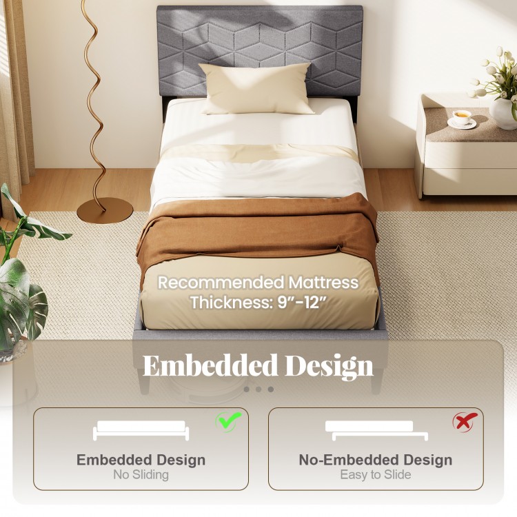 Modern platform bed frame with upholstered linen headboard, featuring embedded design for stability and support.