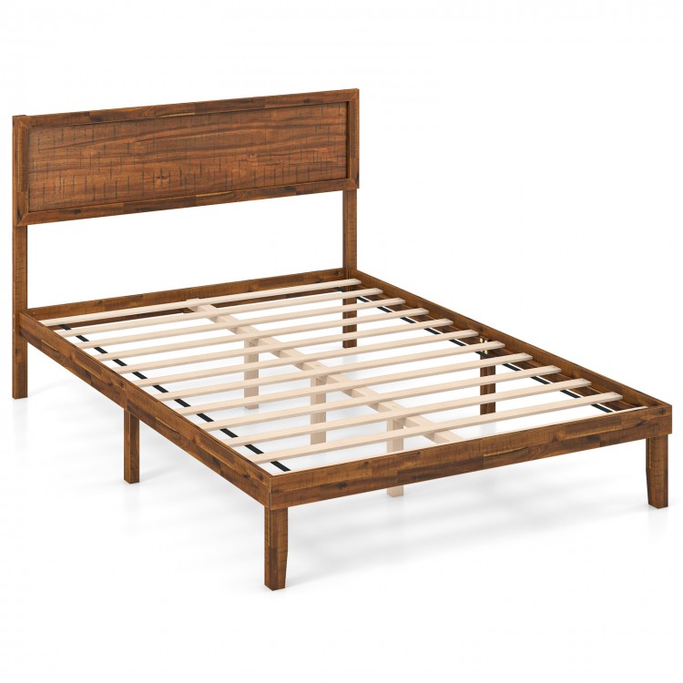 Full-size bed frame with high headboard and wooden slats support, featuring rustic wood grain accents for stability.