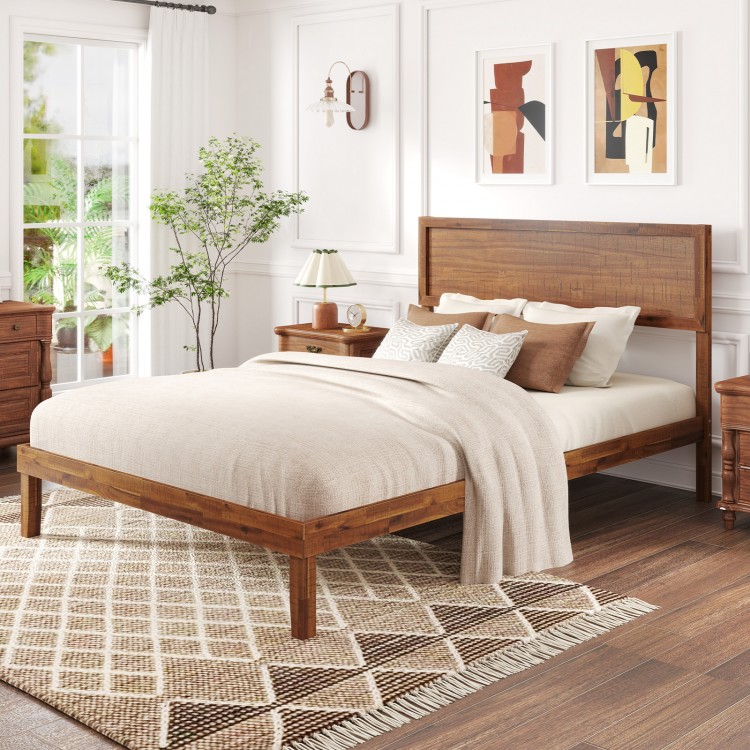 Full-size bed frame with high headboard and wooden slats, featuring rustic wood grain accents for stylish bedroom decor.