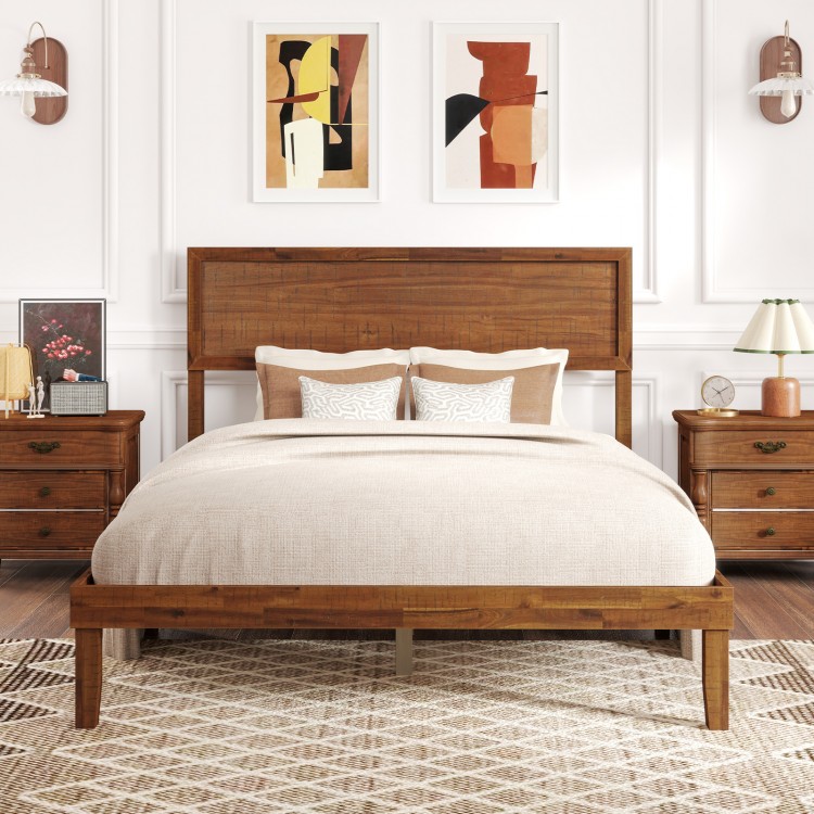 Full size bed frame with high headboard, wooden slats, and rustic wood grain, perfect for stylish bedroom decor.