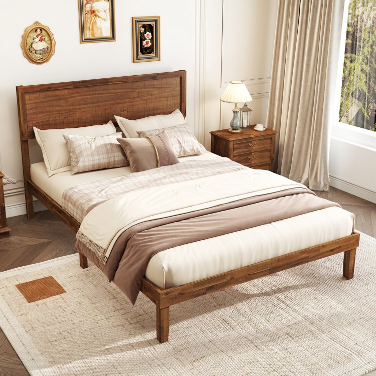 Full size bed frame with wooden slats and high headboard, featuring rustic charm and ample under-bed storage.