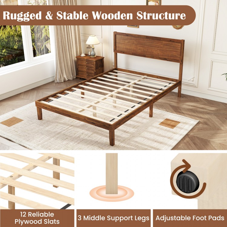 Full-size bed frame with headboard, rugged wooden structure, and adjustable foot pads for enhanced stability.