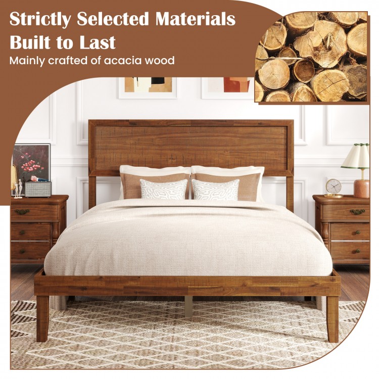 Full size bed frame with headboard, crafted from acacia wood, featuring wooden slats for sturdy mattress support.