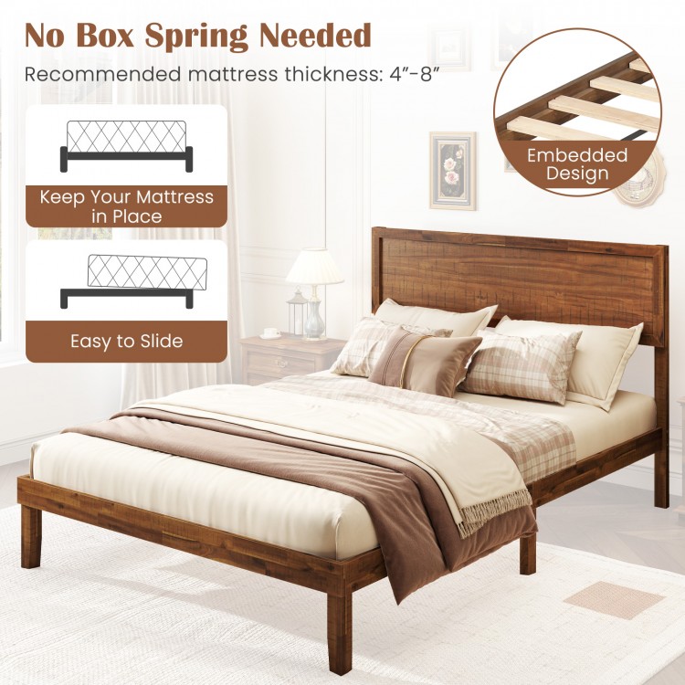 Full-size bed frame with headboard and wooden slats, featuring rustic wood grain and no box spring needed for mattress.