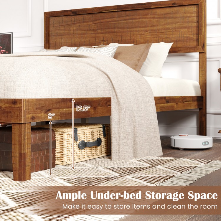 Full size bed frame with wooden slats and ample under-bed storage space for organization and easy cleaning.