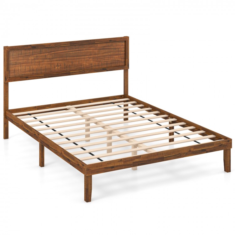 Queen size bed frame with wooden slats and high headboard, featuring rustic wood grain accents for a stable and stylish.