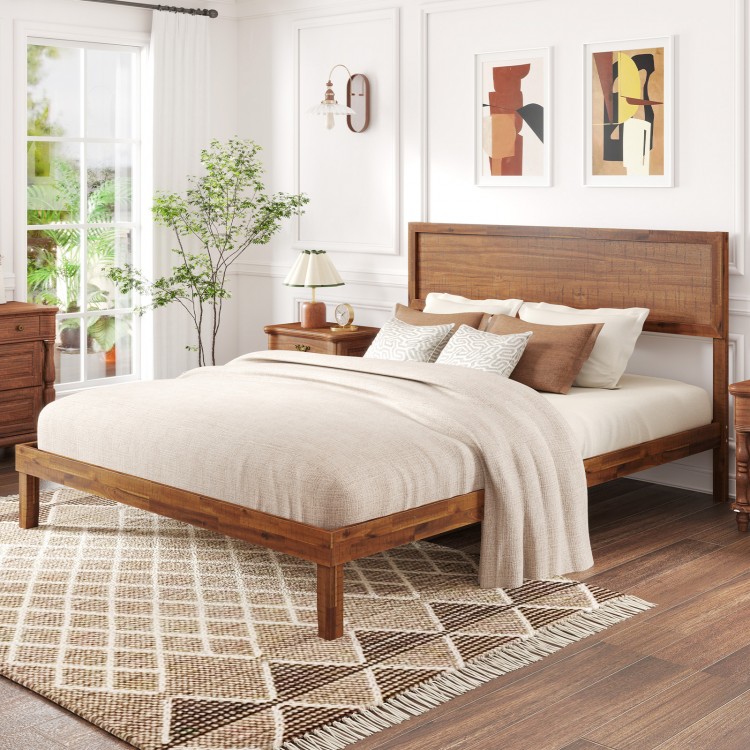 Queen size bed frame with headboard, wooden slats, and rustic charm, perfect for a cozy bedroom setup.