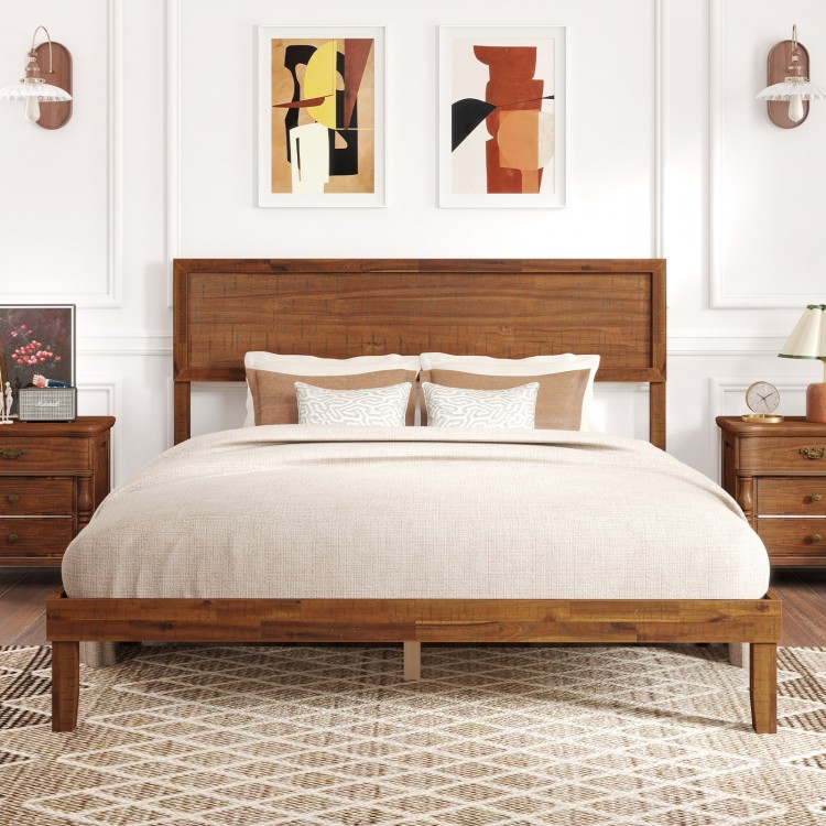 Queen size bed frame with high headboard, wooden slats, and rustic charm, perfect for stylish bedroom organization.