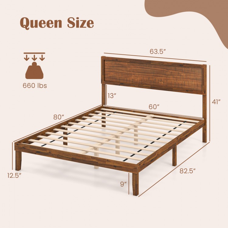 Queen size bed frame with wooden slats and headboard, featuring rustic wood grain and sturdy support for lasting use.