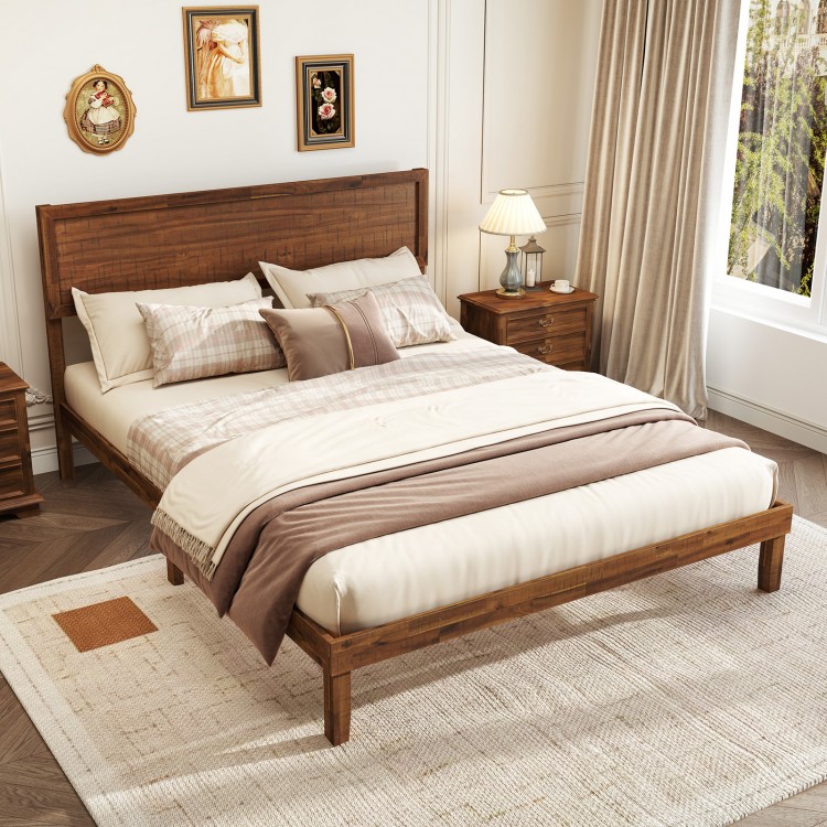 Queen size bed frame with headboard, wooden slats, and rustic charm, perfect for stylish bedroom organization.