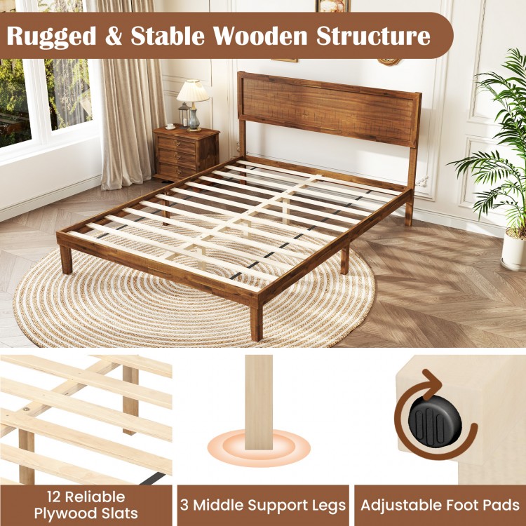 Queen size bed frame with headboard, wooden slats, and adjustable foot pads for stability and rustic charm.