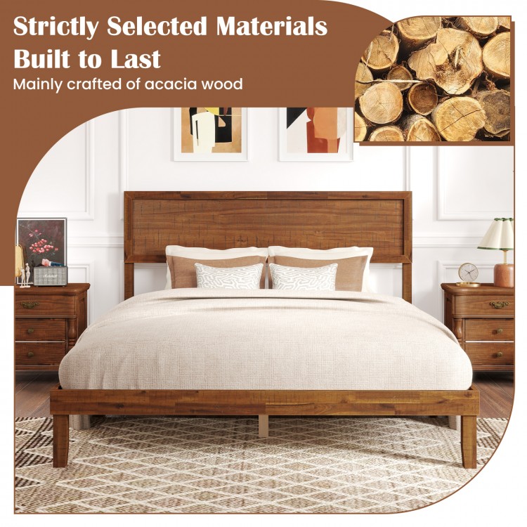 Queen size bed frame with headboard, crafted from acacia wood, featuring sturdy wooden slats for lasting support.