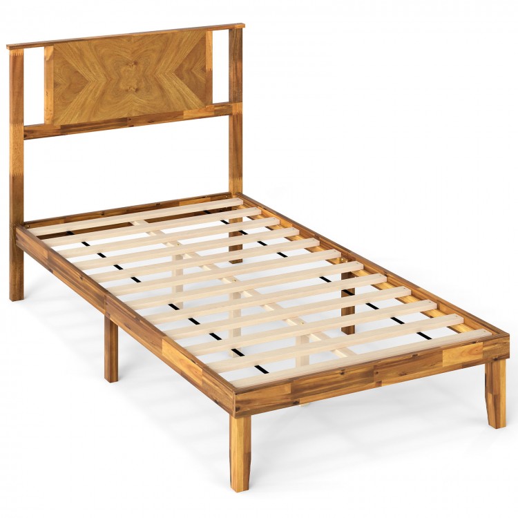 Twin size mid-century acacia wood platform bed frame with retro headboard and sturdy plywood slats for stability.
