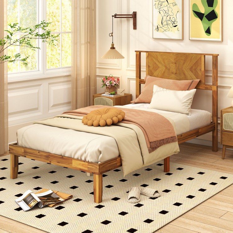 Twin size mid-century acacia wood platform bed frame with retro headboard, featuring a smooth surface and sturdy.