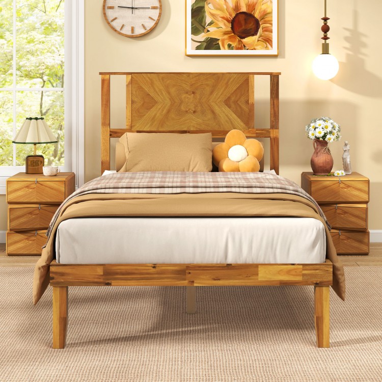 Mid-century twin size bed frame in natural acacia wood with a retro headboard, perfect for stylish bedroom decor.
