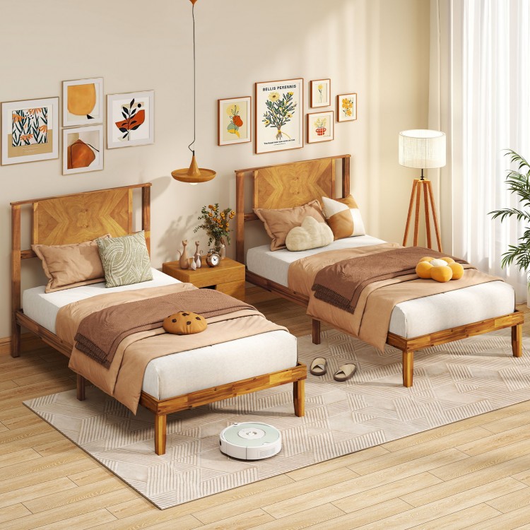 Twin size acacia wood platform bed frame with retro headboard, featuring a smooth finish and sturdy support for bedroom.