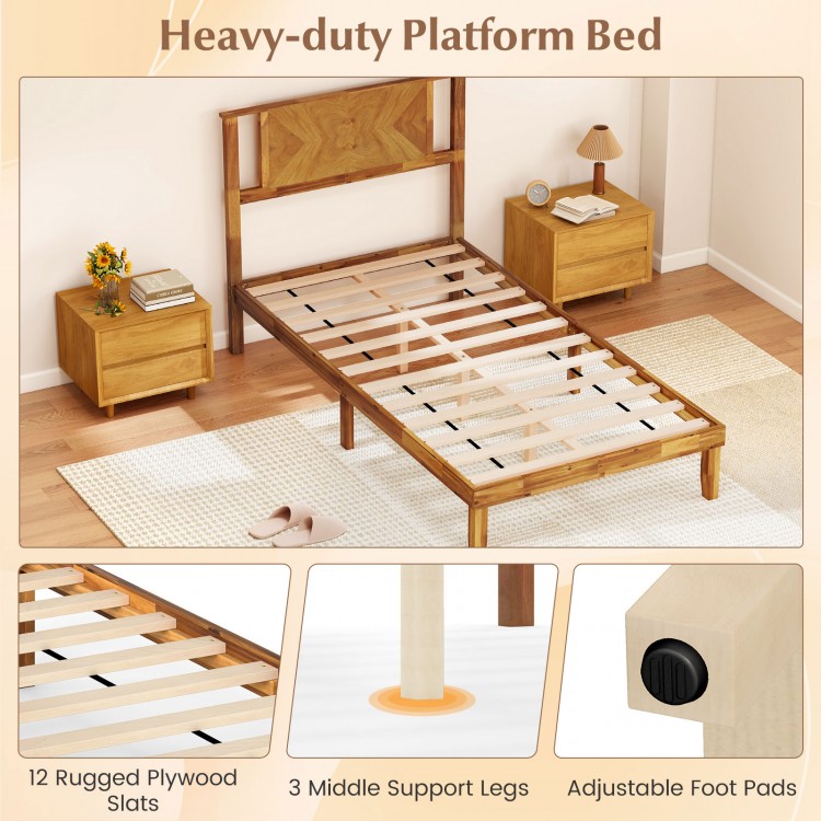 Twin size acacia wood platform bed frame with retro headboard, 12 plywood slats, and adjustable foot pads for stability.