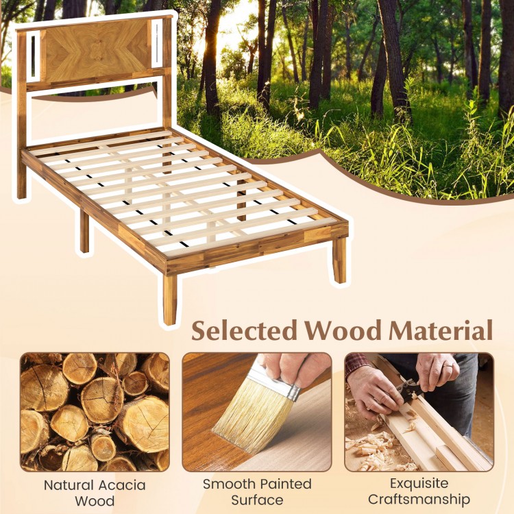 Twin size acacia wood platform bed frame with retro headboard, featuring smooth surface and sturdy slats for stability.