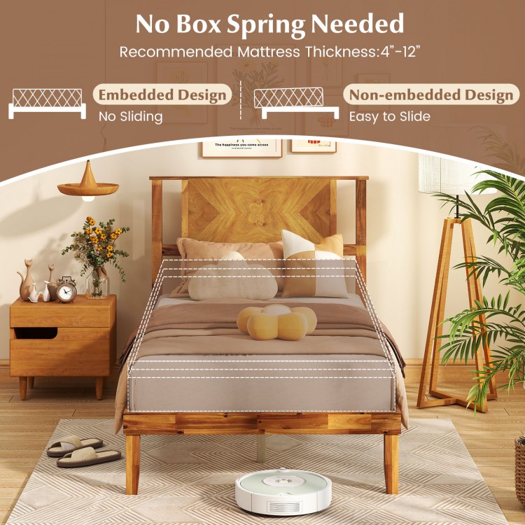 Mid-century acacia wood platform bed frame with headboard, designed for twin/full/queen mattresses, no box spring.