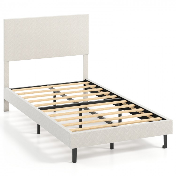 Beige twin velvet bed frame with chevron headboard, adjustable height, and sturdy wooden slats for optimal support.