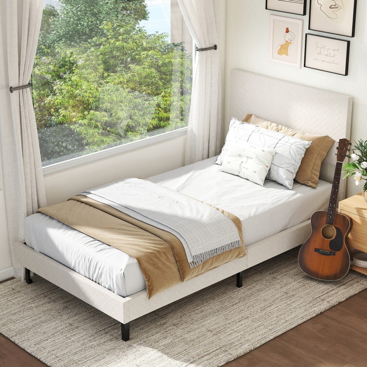 Beige twin size velvet bed frame with chevron headboard, featuring adjustable height and modern design for stylish.