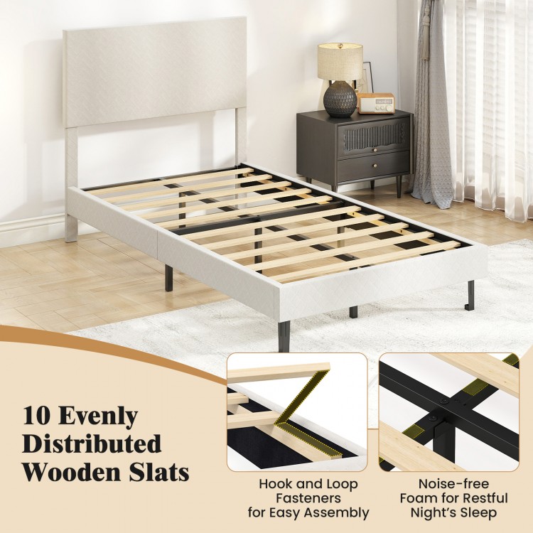 Beige velvet twin bed frame with chevron headboard, featuring 10 wooden slats for strong support and noise-free foam.