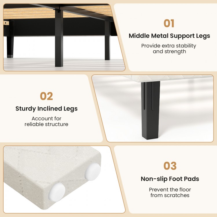 Close-up of the sturdy inclined legs of the beige velvet bed frame, featuring non-slip foot pads for floor protection.