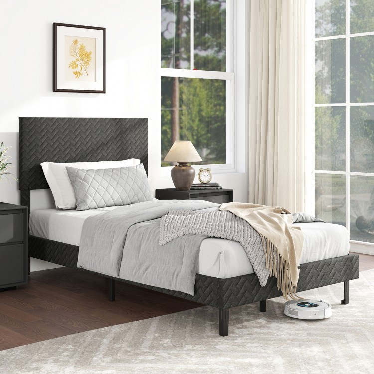 Gray velvet twin bed frame with chevron headboard, featuring adjustable height and ample under-bed space for sweepers.