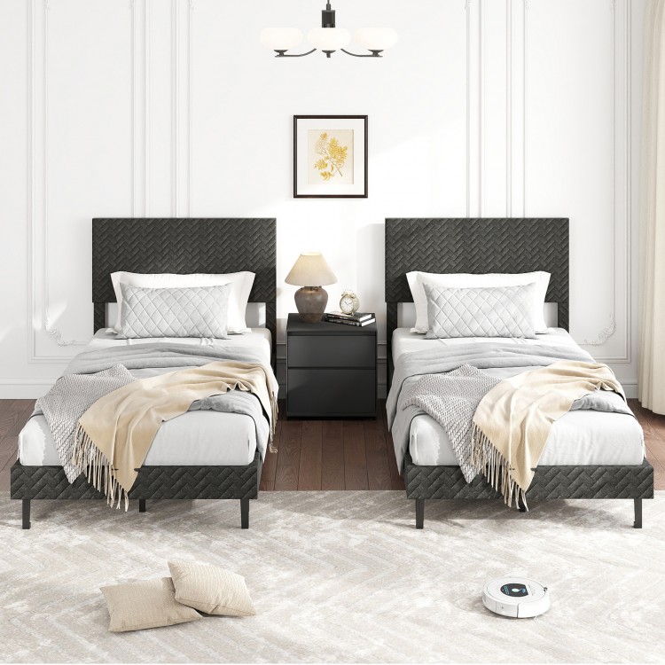 Twin size velvet bed frame with chevron headboard in gray, featuring adjustable height and modern design for stylish.