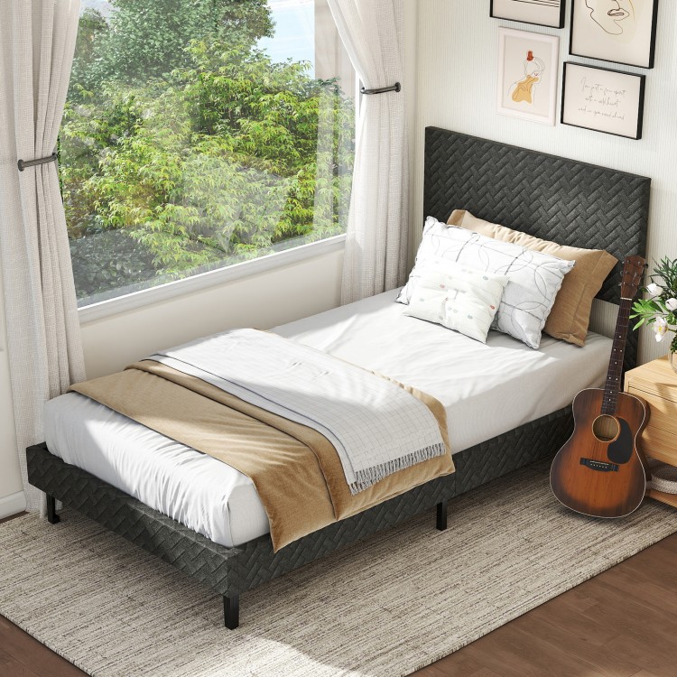 Gray twin size upholstered platform bed frame with chevron headboard, featuring premium velvet fabric and adjustable.