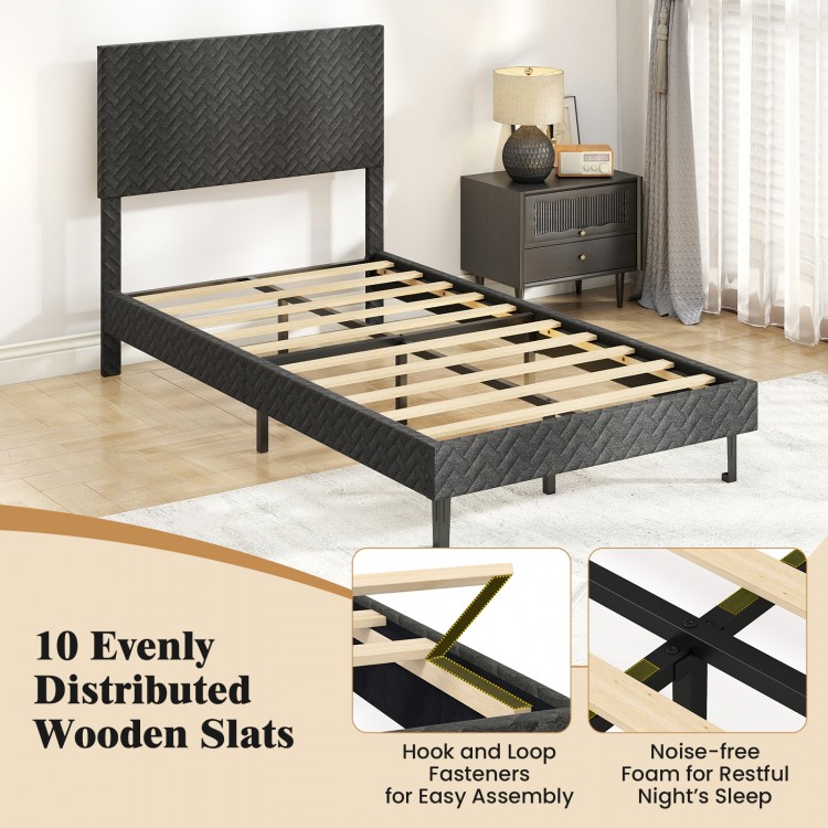 Twin size velvet bed frame with chevron headboard, featuring 10 wooden slats for strong support and noise-free foam for.