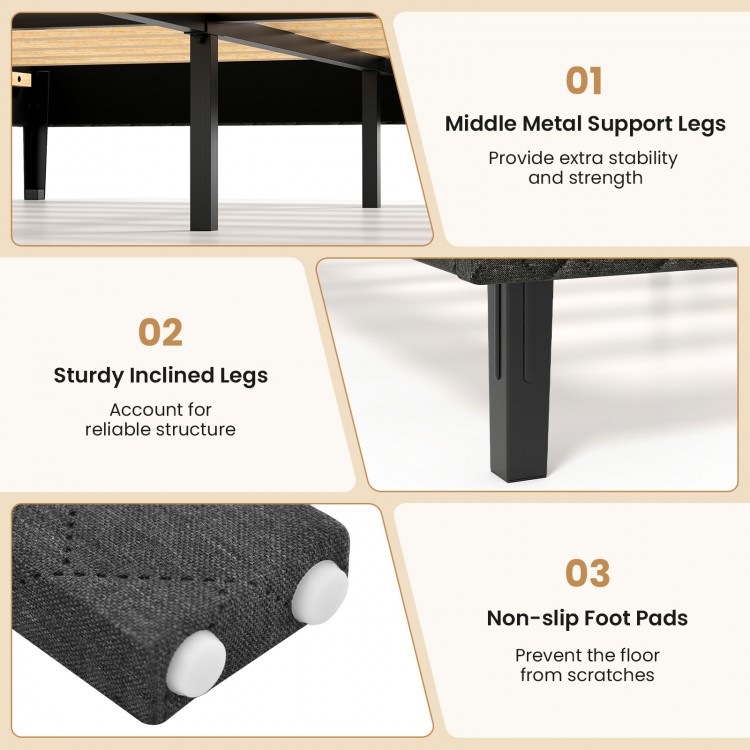 Sturdy inclined legs and middle metal support provide stability for the gray velvet twin/full/queen bed frame.