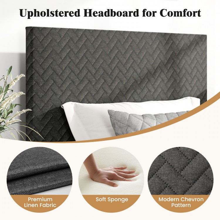 Chevron-patterned gray upholstered headboard with soft sponge filling for optimal comfort, suitable for various.