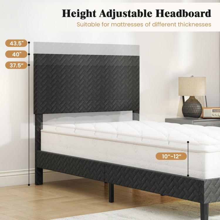 Height adjustable chevron headboard of gray velvet bed frame showing dimensions, suitable for various mattress.