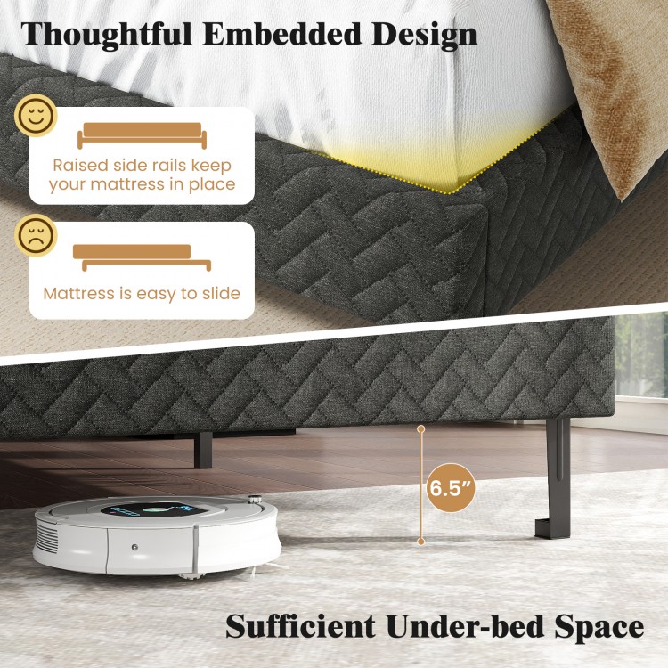 Chevron-patterned gray velvet bed frame with raised side rails and 6.5" under-bed space for easy cleaning.
