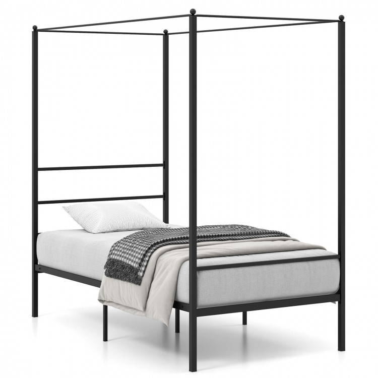 Twin size metal canopy bed frame with slat support, sturdy design, and 12.5" clearance for storage space.