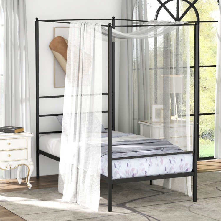 Twin size metal canopy bed frame with slat support, featuring a sturdy design and elegant curtain posts for stylish.