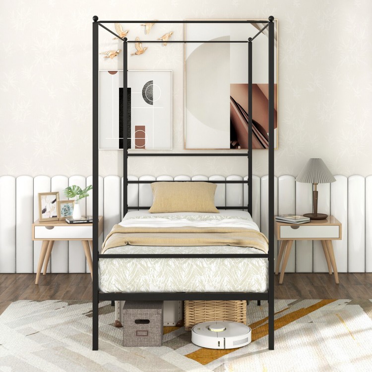 Twin size metal canopy bed frame with slat support, featuring a sturdy design and elegant 4-post structure for curtains.