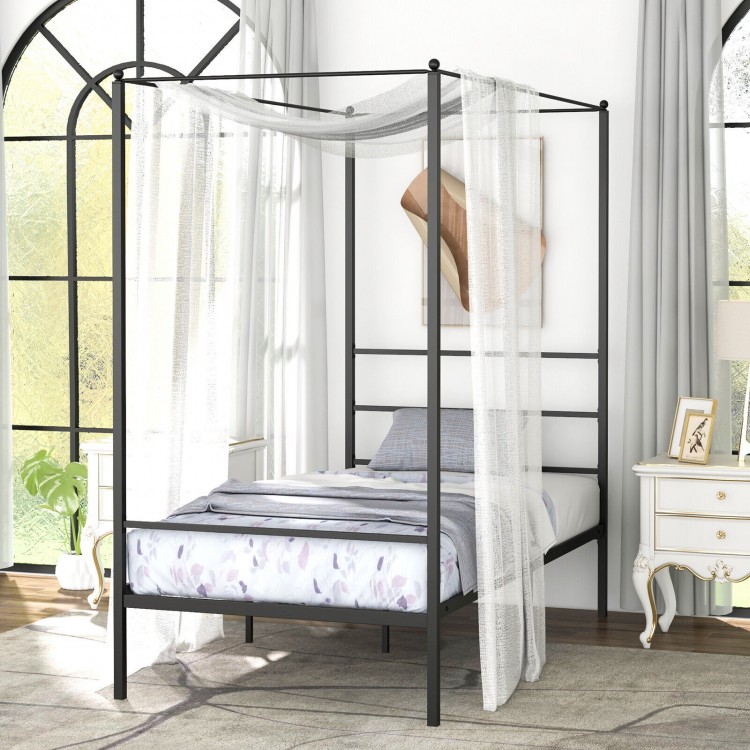 Twin size metal canopy bed frame with slat support, featuring an elegant design and sturdy rustproof construction.