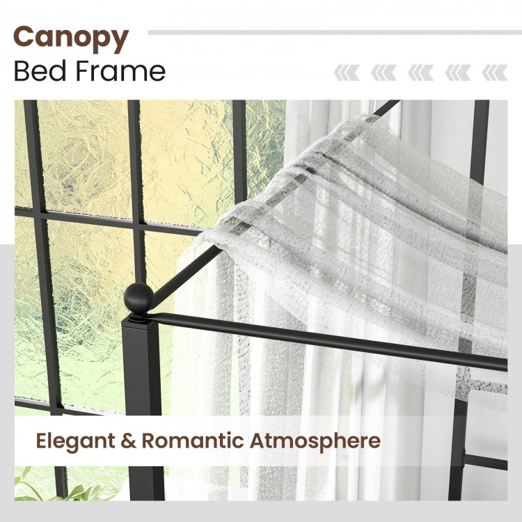 Twin size metal canopy bed frame with slat support, featuring elegant curtain posts for a romantic atmosphere.