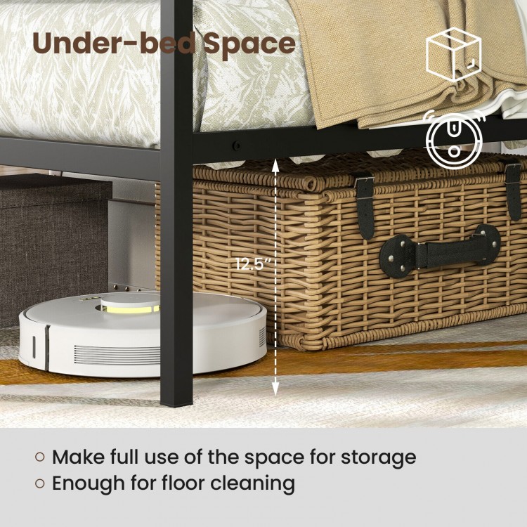 Twin/Full/Queen size metal canopy bed frame with 12.5" under-bed clearance for storage and easy floor cleaning.